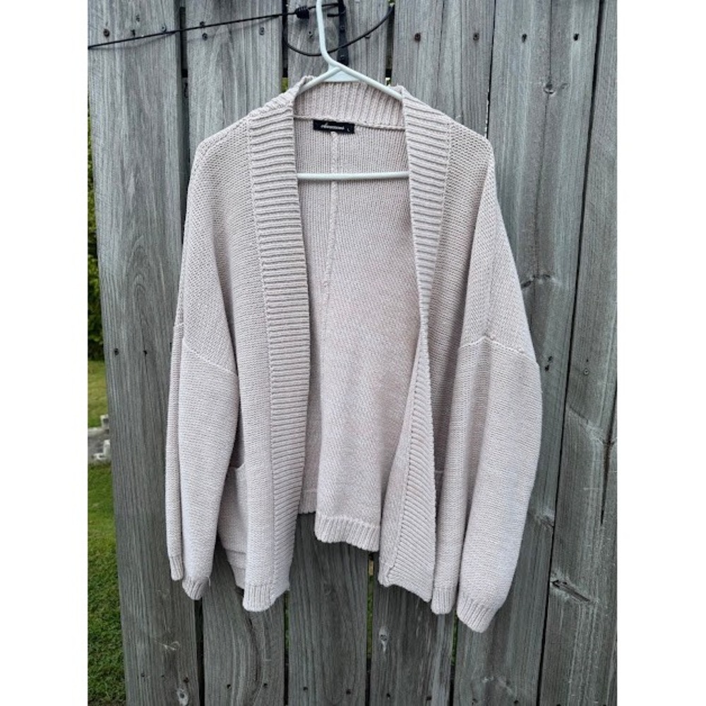 Boho Minimalist Olivaceous Cardigan Sweater L Beige Oversized Open Front JC19-89